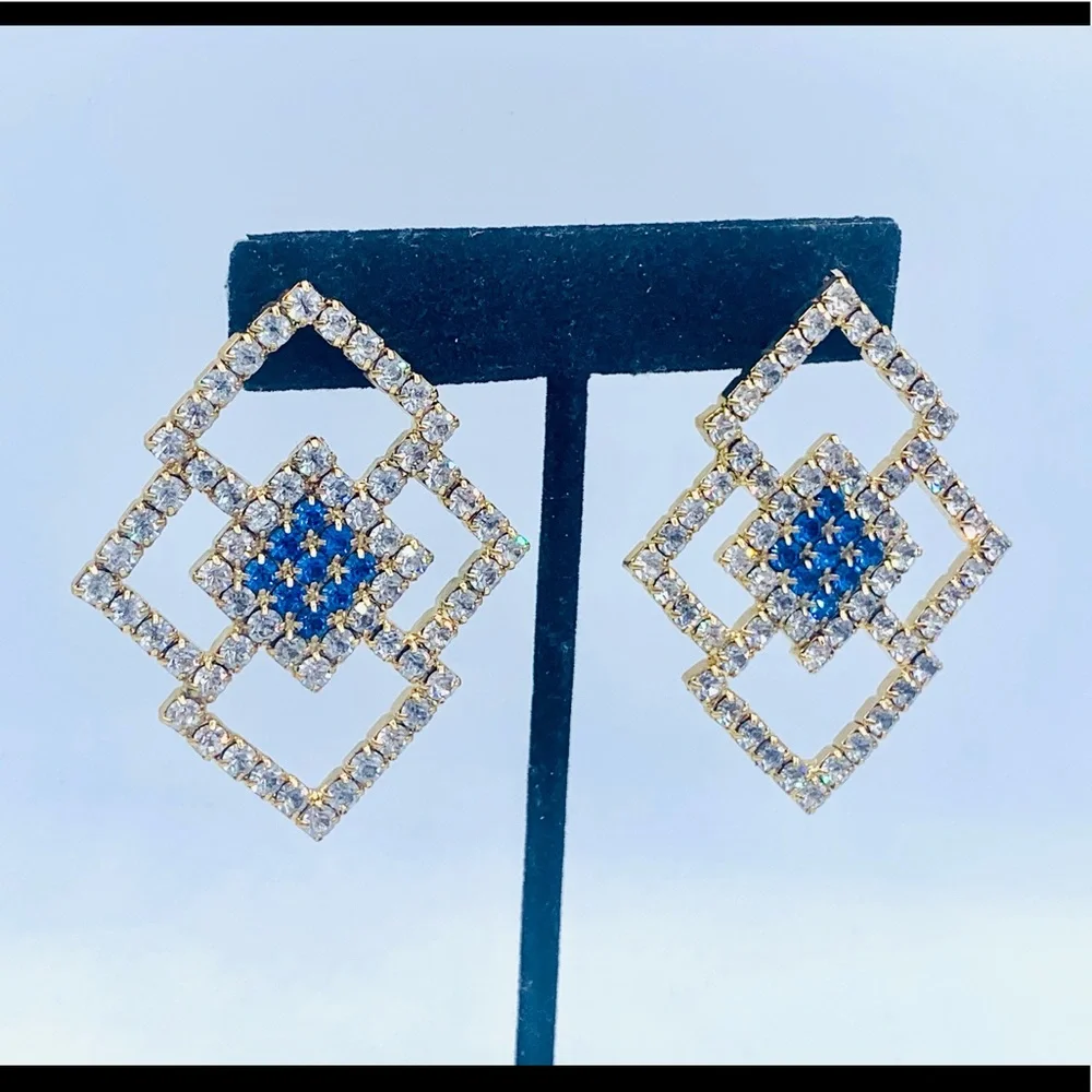 Vintage rhinestone pierced earrings geometric costume jewelry new old stock